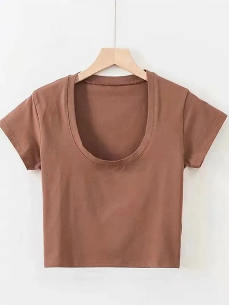 U-Neck Crop Top Solid Color Women Casual High Waist T Shirt Basic Streetwear Short Sleeve Slimming