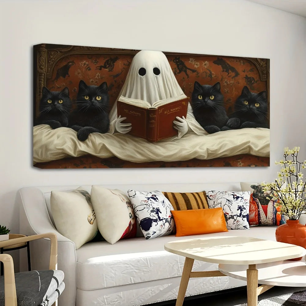 Ghost 1.5 inch thick pine solid wood frame, canvas painting, ghost reading in bed,wall decoration