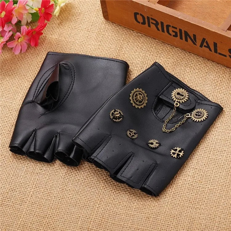 Steampunk PU Leather Fingerless Compass Gloves Men Women Fashion Gloves Half Finger Gloves