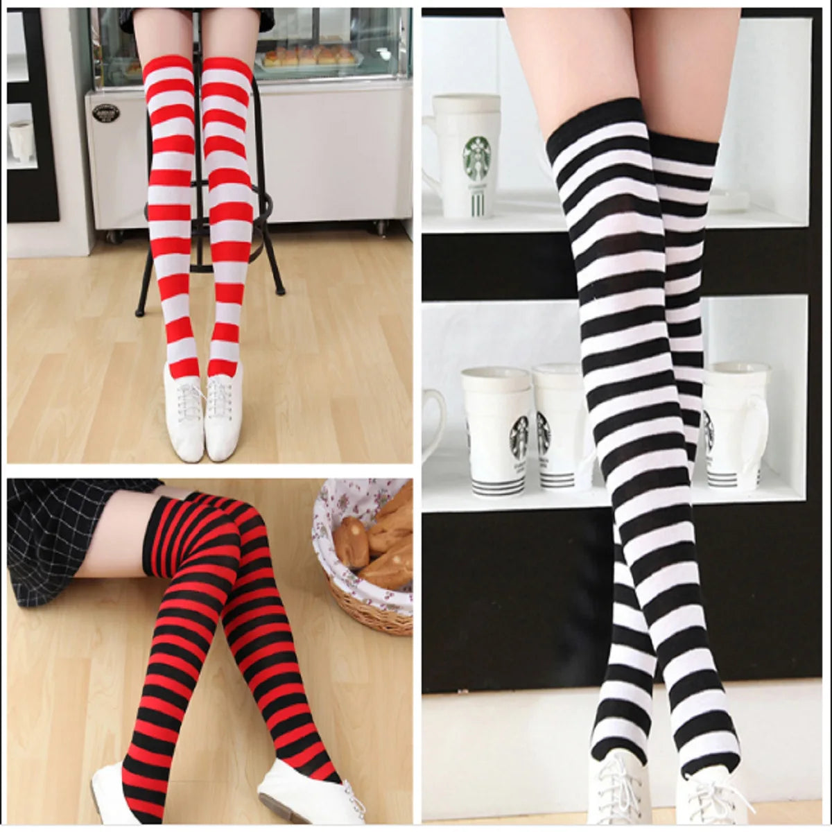 Women Socks Thigh High Overknee Striped Stockings Thin Socks Daily Wearing