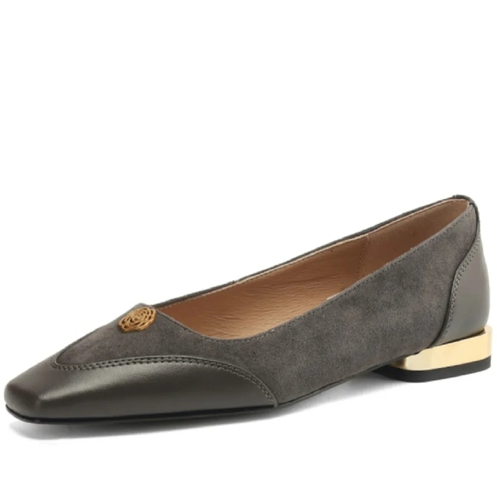 【JOCHEBED HU】Handmade Genuine Leather Low Cut Metal Heel Women's Shoes Comfortable Casual Footwear 34-40