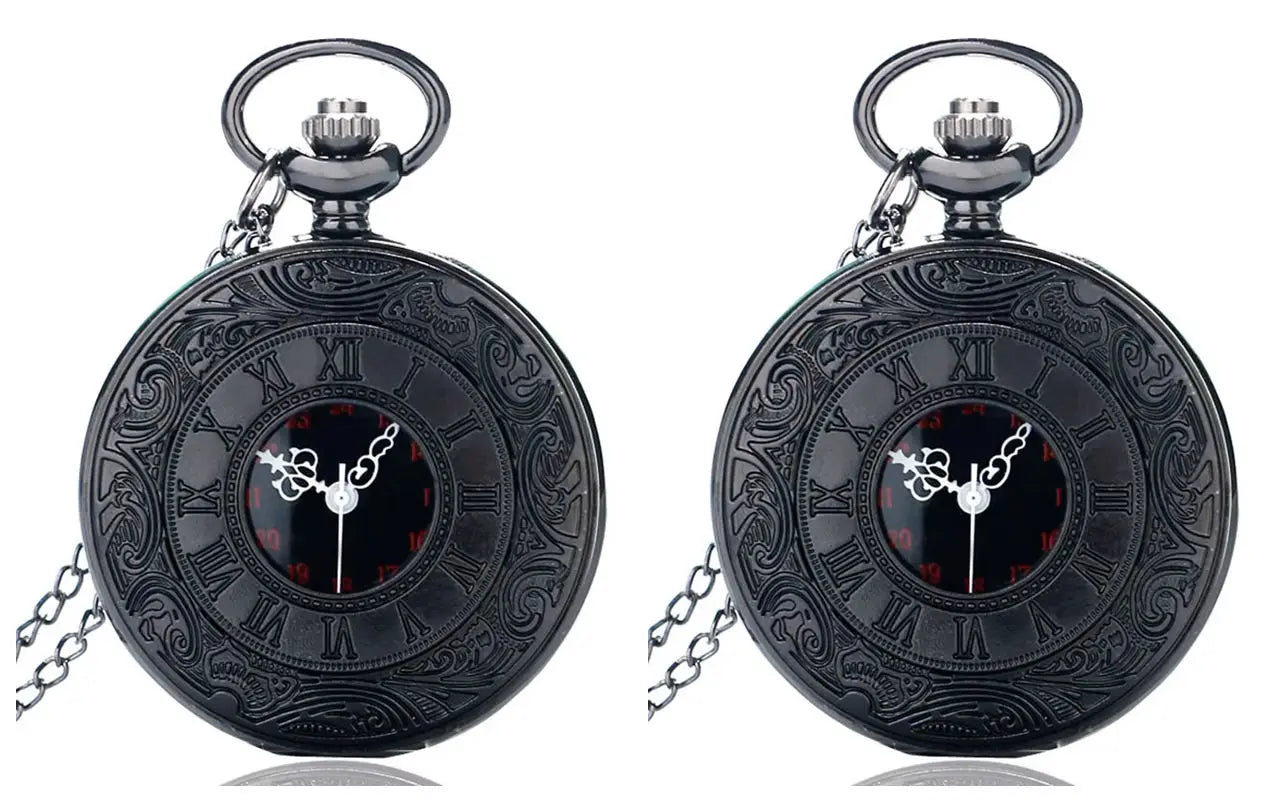 Vintage Charm Black Unisex Fashion Roman Number Quartz Steampunk Pocket Watch Women Man Necklace Pendant with Chain Gifts