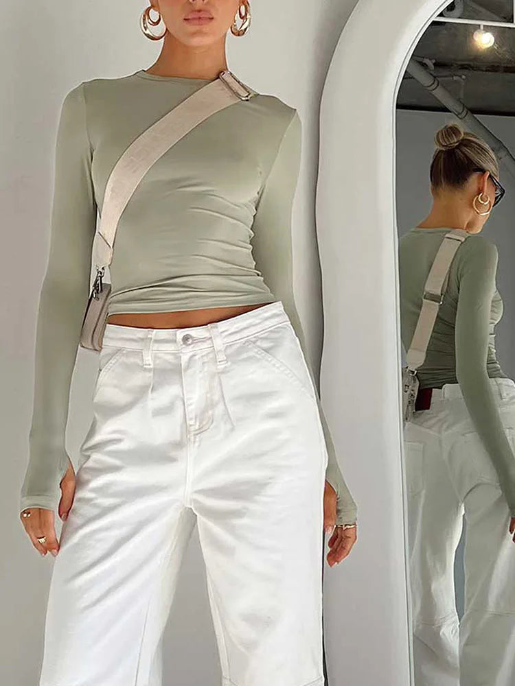 Fashion Women T-shirt Long Sleeve Crew Neck Solid Slim Fit Ladies Crop Top with Thumb Holes for Daily Streetwear Camis
