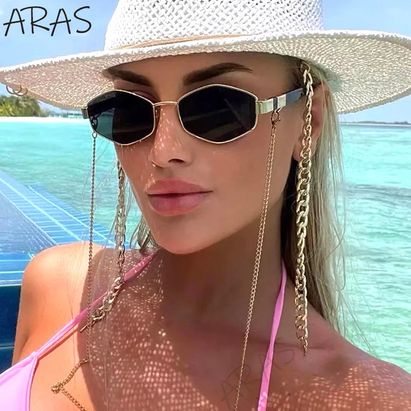 Retro Small Frame Hexagon Sunglasses Women With Chain 2025 Luxury Brand Steampunk Unique Polygon Sun Glasses For Ladies Eyewear