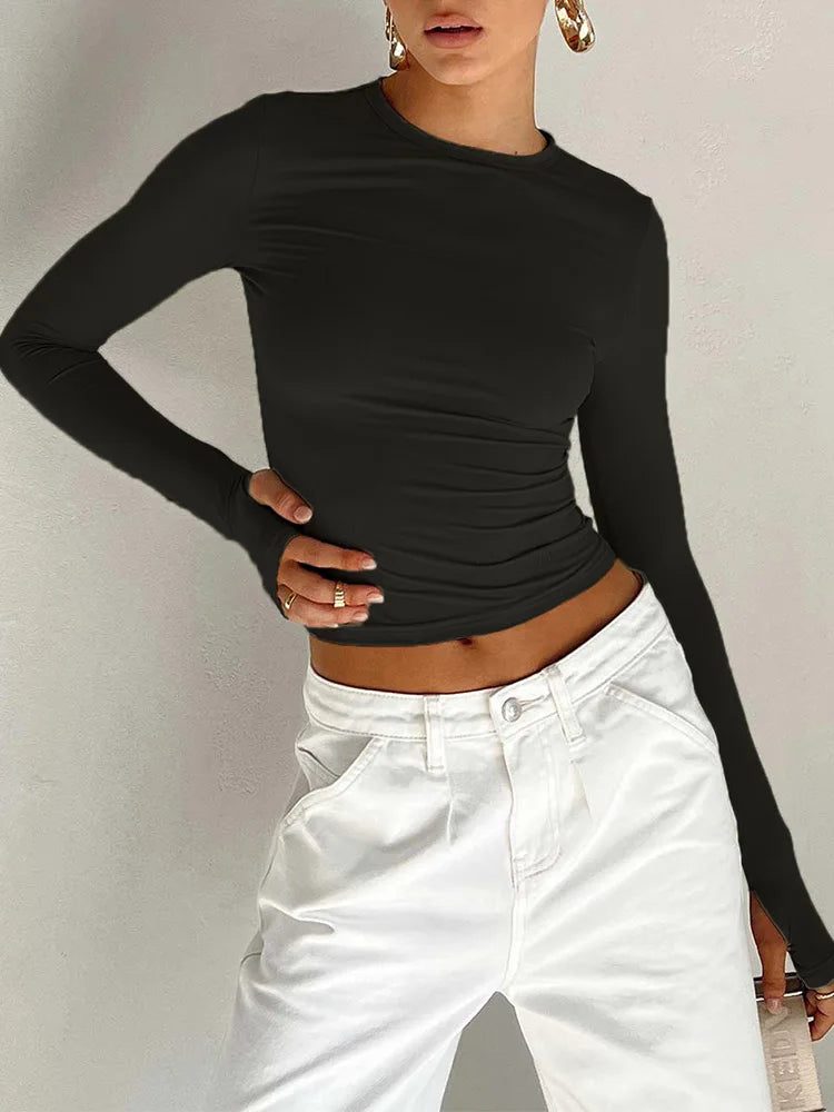 Fashion Women T-shirt Long Sleeve Crew Neck Solid Slim Fit Ladies Crop Top with Thumb Holes for Daily Streetwear Camis