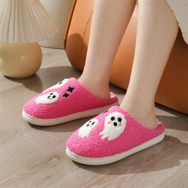 Ghost Pattern Couple Cotton Slippers Round Toe Flat Heel Bedroom Slides Short Plush Soft Non Slip Slippers