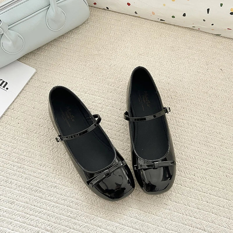 Wine Red Mary Jane Shoes For Women Low Heel Fashion Butterfly-knot Roud Toe Female Eelgant Dress Leather Shoes