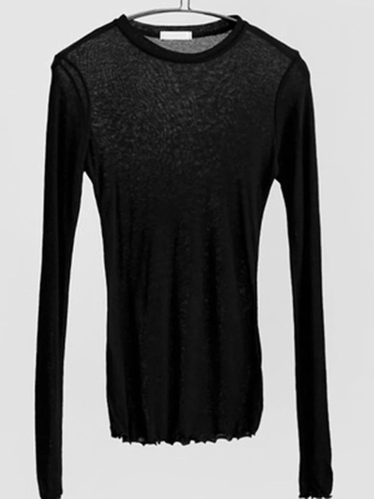 High Quality Plain T Shirt Women Elastic Basic T-shirts Female Casual Tops Long Sleeve Thin T-shirt see through