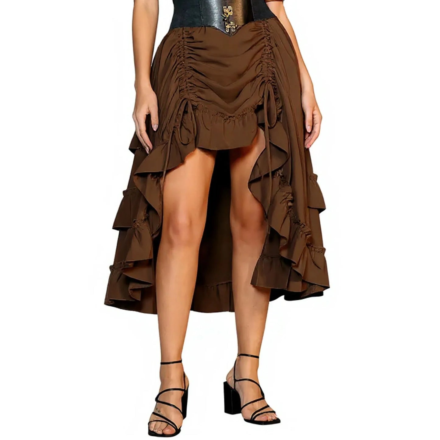 Long Bustle Skirt Pirate Costume Women Goth Outfit Victorian Steampunk Ruffle Vintage Drawstring Layer High Low Skirt Halloween