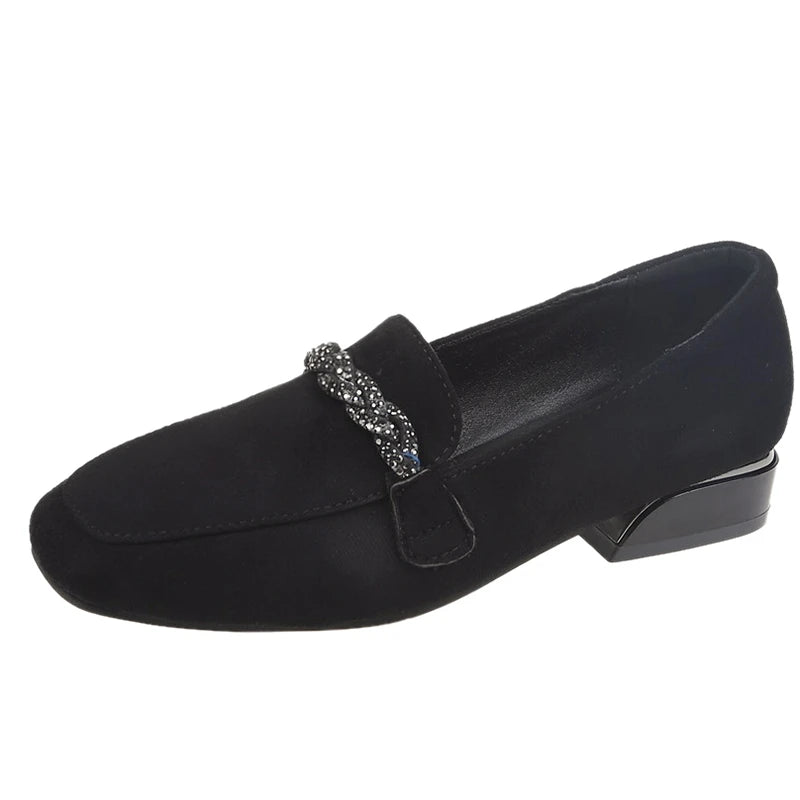 Autumn Winter Women Loafers Low Heels Boat Shoes Square Toe Dress Shoes Chain Faux Suede Ladies Low Heel Shoe