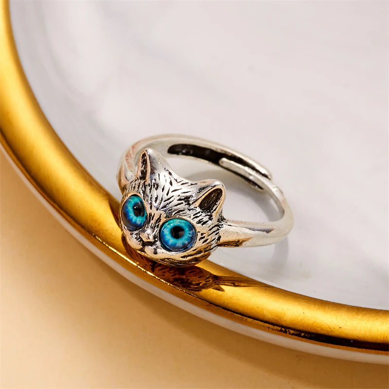 Vintage Cat Face Open Ring for Women Men Gothic Punk Adjustable Finger Knuckle Ring Animal Ring Party Friendship Jewelry Gift