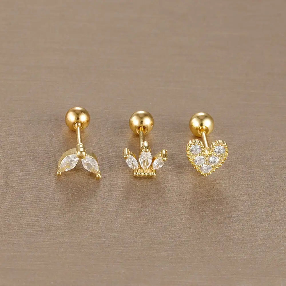 3PCS Stainless Steel Gold Color Crown Stud Earring Set For Women 14K Gold Plated Crystal Zircon Unique Horse Eye Earring Jewelry