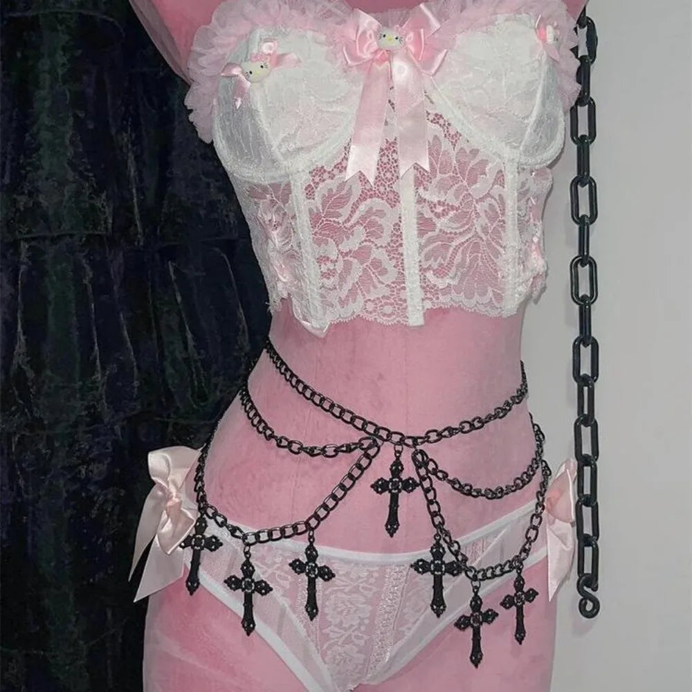 Chain Belt for Women, Gothic Cross Streetwear Waist Chain, Metal Skirt Jeans Pant Chains, E-girl Y2K Aesth