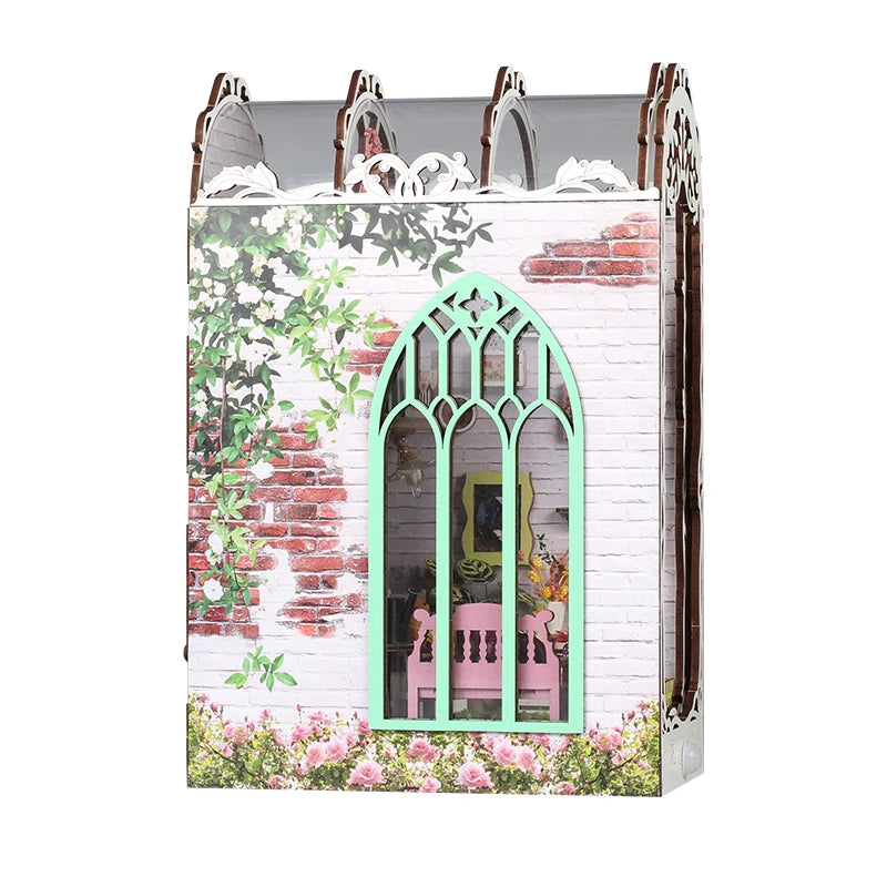 DIY Book Nook Wooden Miniature Model Kit Flower House Bookend Assembled 3D Puzzle Bookshelf Home Decor Friends Birthday Gifts