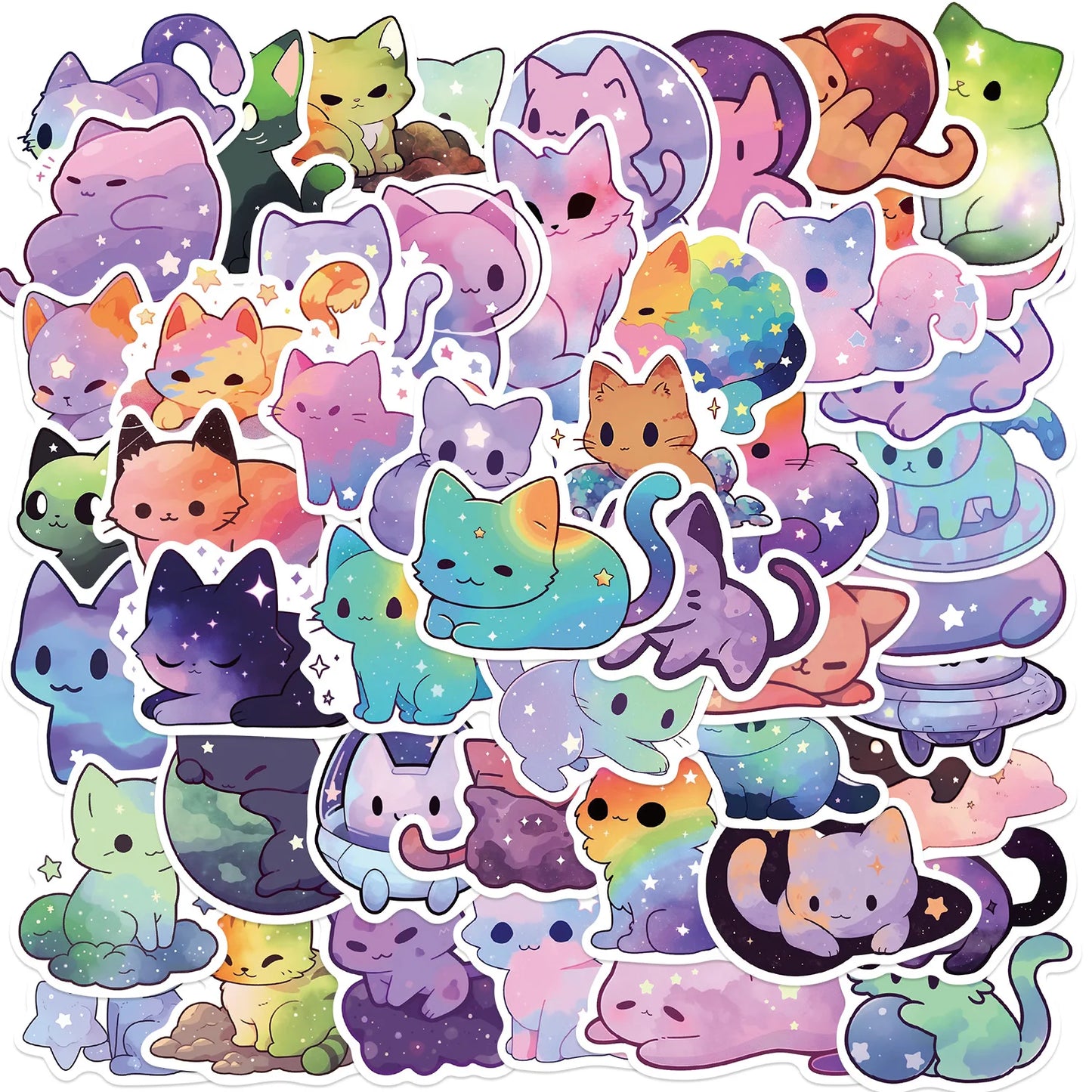 50 Pcs Cartoon Rainbow Starry Sky Cat Stickers, Cute Aesthetic Cat Waterproof Stickers for Water Bottle, Laptop, Phone,