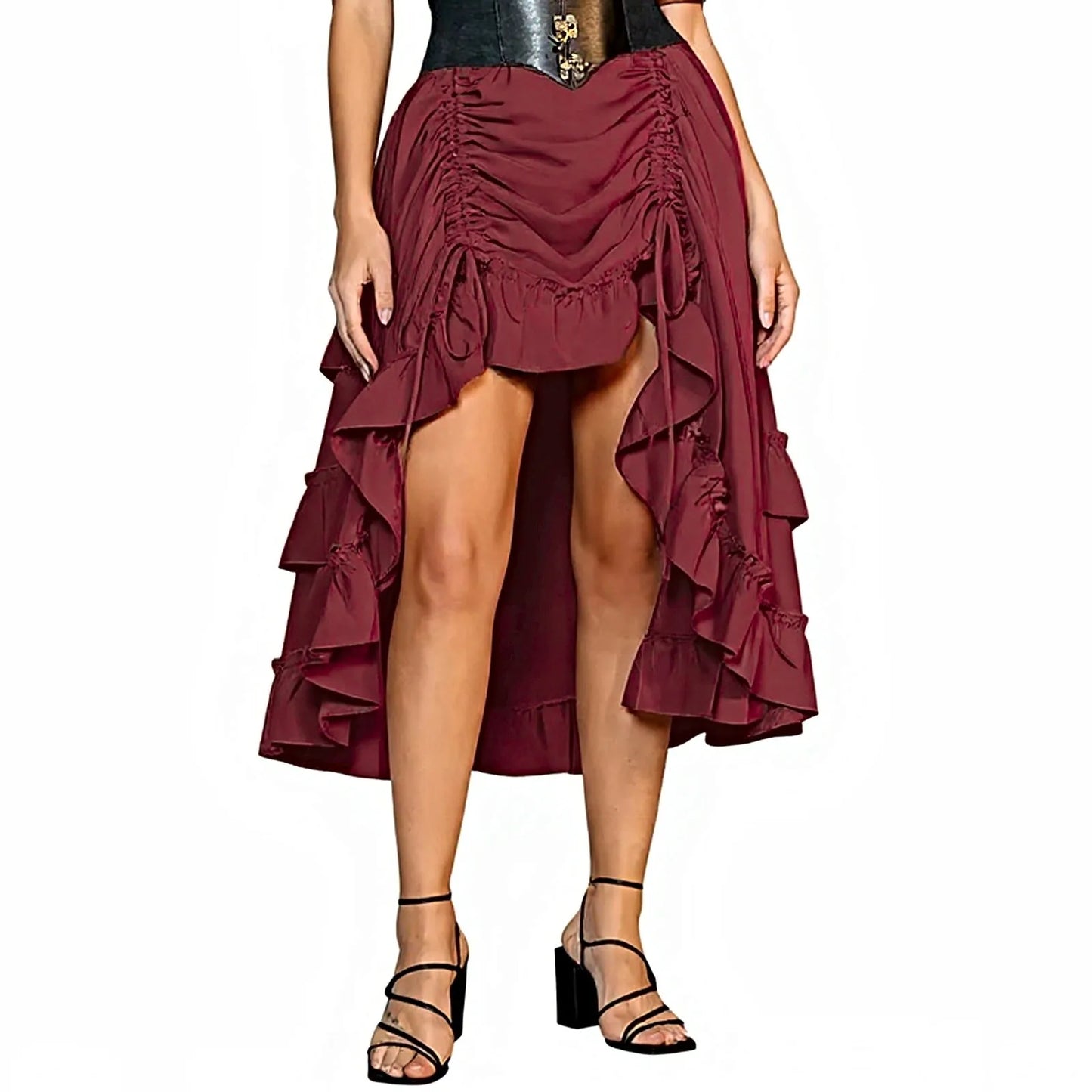 Long Bustle Skirt Pirate Costume Women Goth Outfit Victorian Steampunk Ruffle Vintage Drawstring Layer High Low Skirt Halloween