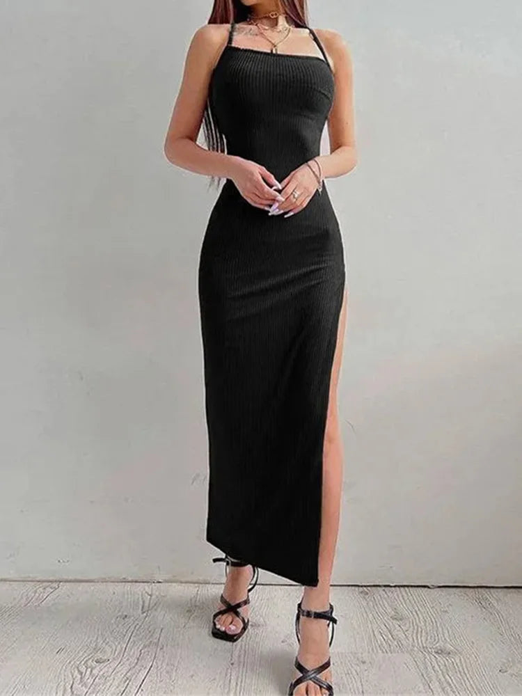 Black Long Bodycon Dress Women Sleeveless Blackless Halter Neck Spaghetti Strap Dresses High Split Vestidos