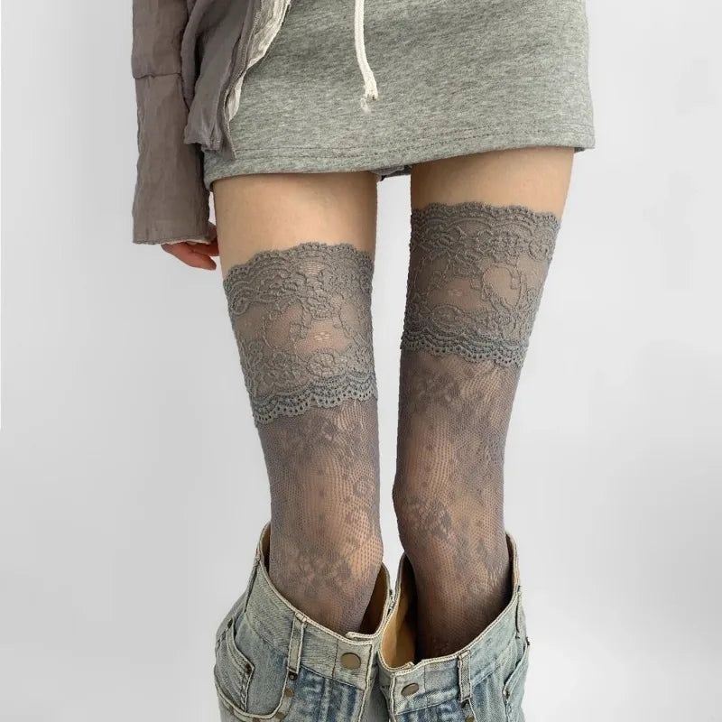 Red Edge New Over The Knee Long Socks Gothic Lace Transparent Thigh High Stockings Women Punk JK Thin Silk Solid Hosiery