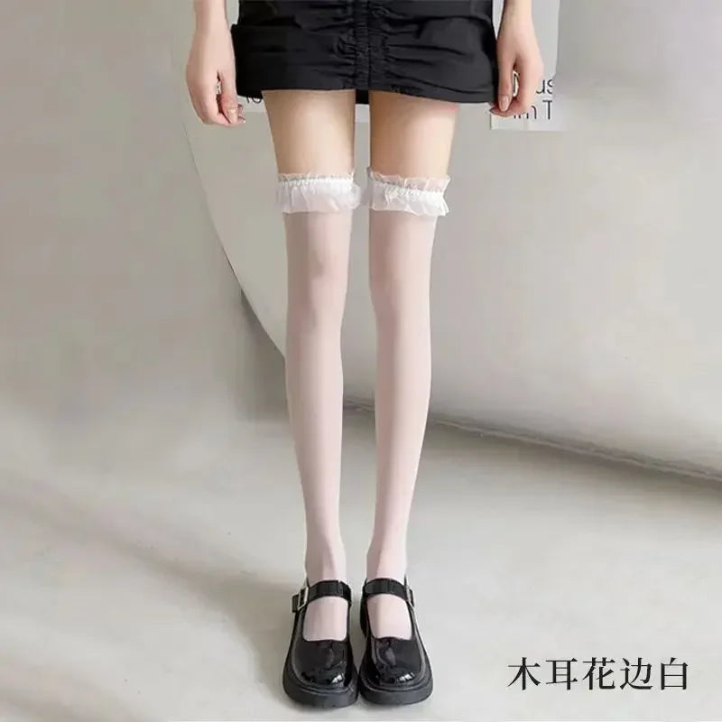Red Edge New Over The Knee Long Socks Gothic Lace Transparent Thigh High Stockings Women Punk JK Thin Silk Solid Hosiery