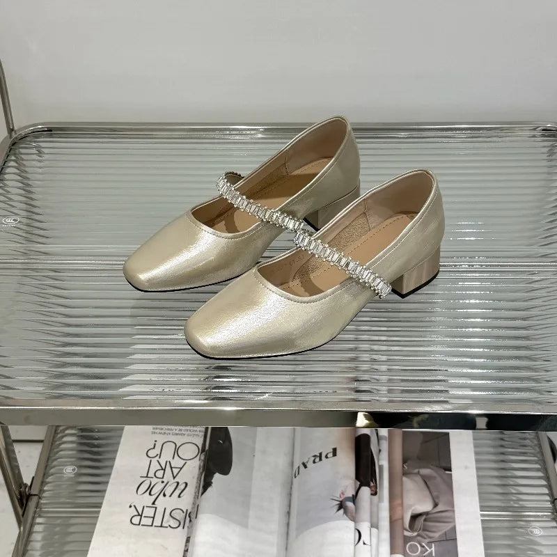 Pu Leather Concise Low Heel Pumps Women Shiny Crystal Soft Sole Non Slip Loafers Summer Light Square Toe Platform Office Shoes