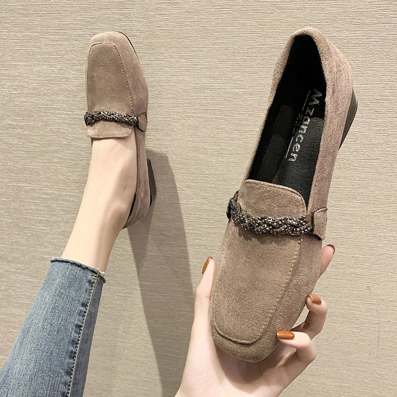 Autumn Winter Women Loafers Low Heels Boat Shoes Square Toe Dress Shoes Chain Faux Suede Ladies Low Heel Shoe