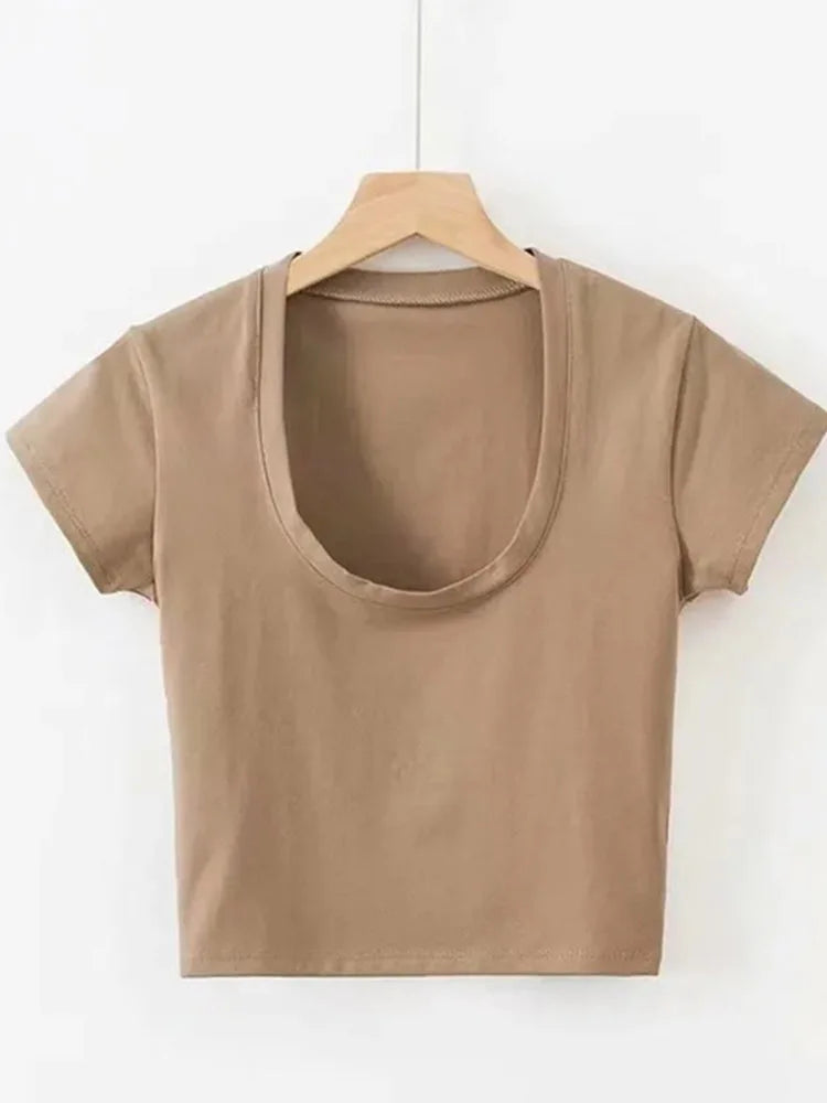 U-Neck Crop Top Solid Color Women Casual High Waist T Shirt Basic Streetwear Short Sleeve Slimming