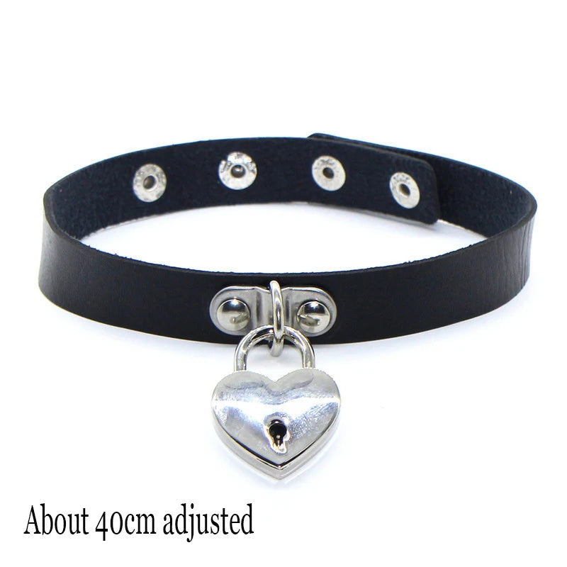 Woman Black Punk Choker Collar Necklace Sexy PU Leather Heart Lock Key Spike Chocker Gothic Cosplay Accessories Party Jewelry