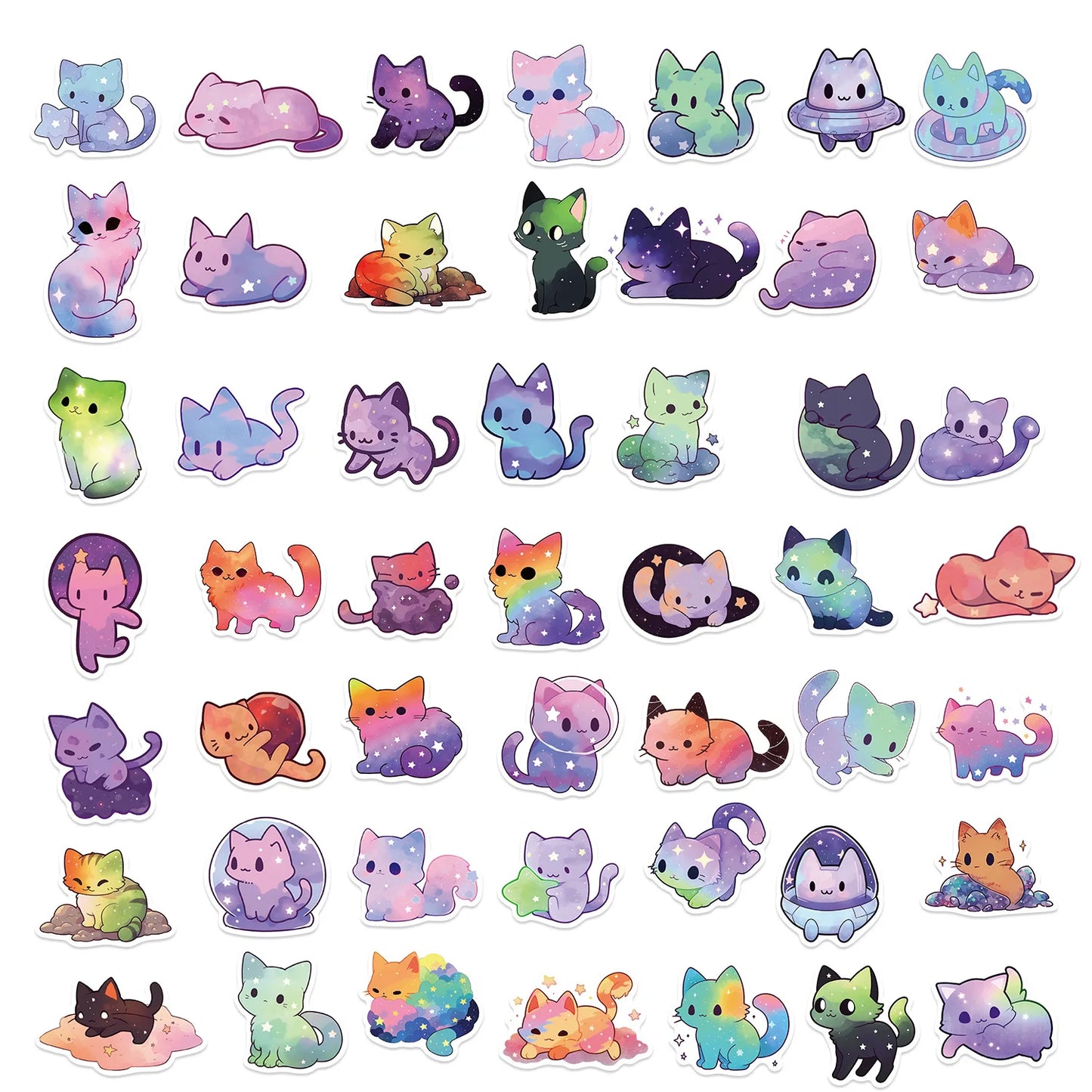 50 Pcs Cartoon Rainbow Starry Sky Cat Stickers, Cute Aesthetic Cat Waterproof Stickers for Water Bottle, Laptop, Phone,