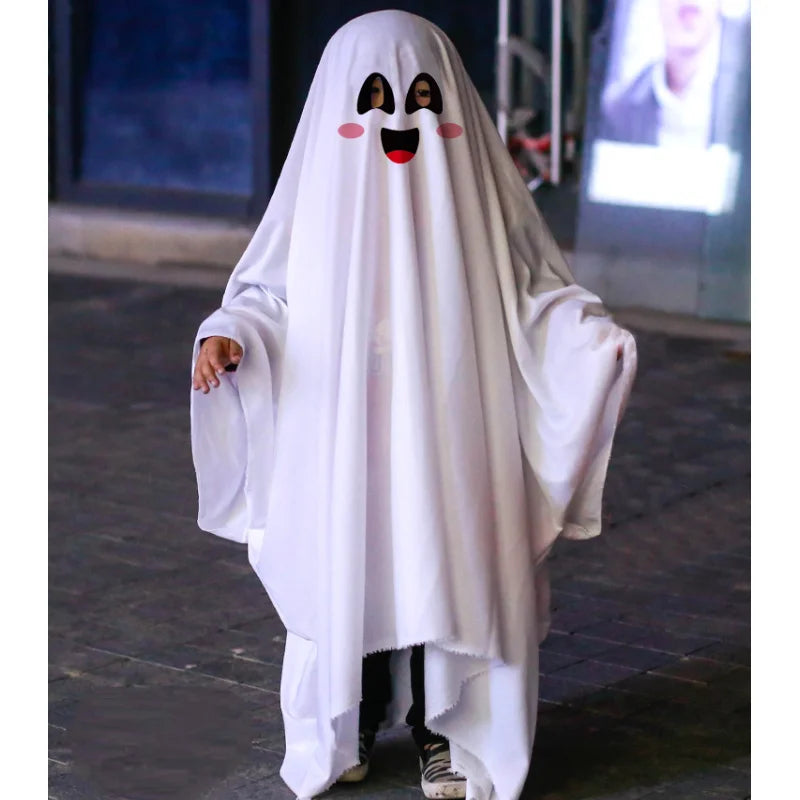 Ghost Costumes White Long Cape Horror Outfits Cloak with Ghost Face Children Adult Fancy Robe Halloween