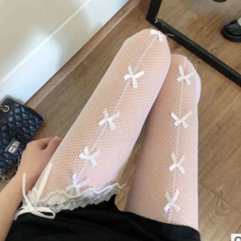 Kawaii Gothic Hollow Out  Lolita Bow Knot Fishnet Stockings Women Spicy Girl Black White Thin Ins Tide Lace Tights