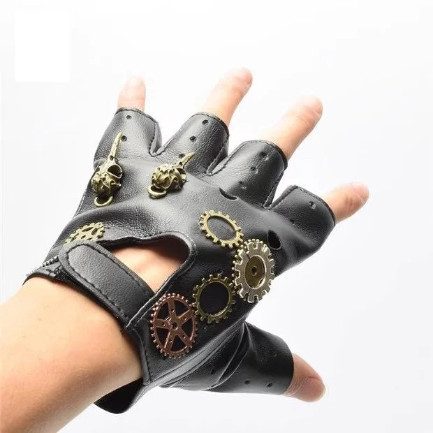 Steampunk PU Leather Fingerless Compass Gloves Men Women Fashion Hip Hop Punk Gloves Half Finger Gloves
