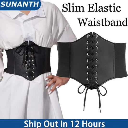 Fashion Slim Elastic Pu High Waist Belt Women Vintage Elegant Simple Lace-up Black Punk And Gothic Daily Wide Belt Corset