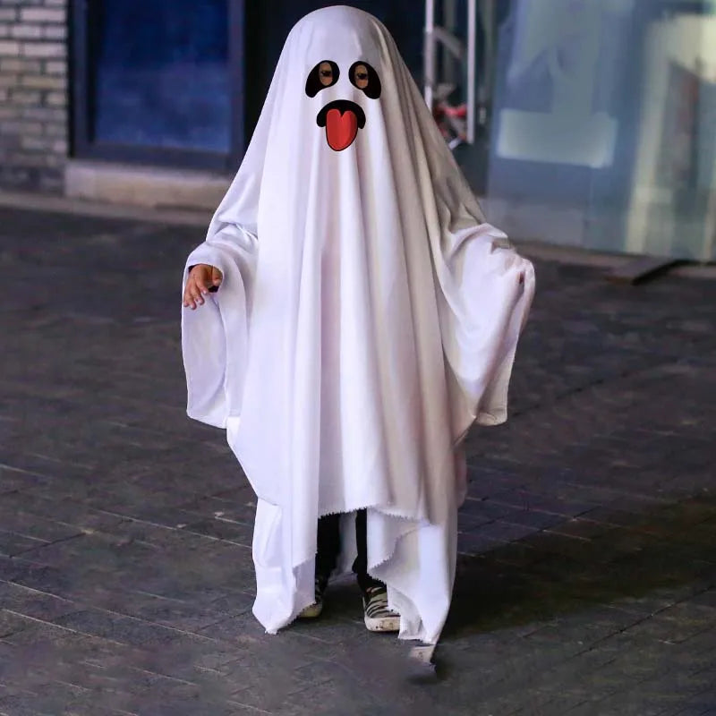 Ghost Costumes White Long Cape Horror Outfits Cloak with Ghost Face Children Adult Fancy Robe Halloween
