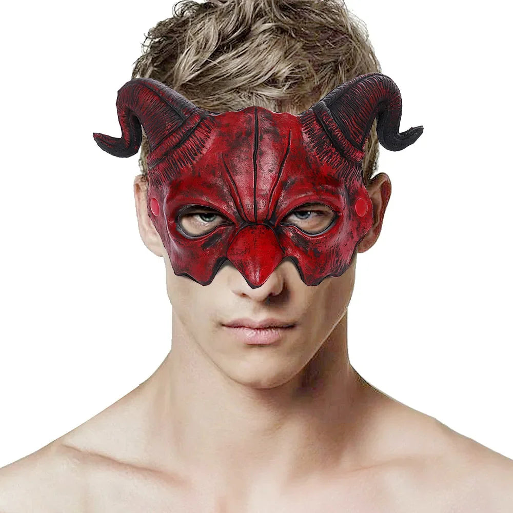 Demon Mask Horns Devil Half Face Mask Party Cosplay Horror Monster Masquerade Scary Haunted House Props PU Mask Decor Halloween