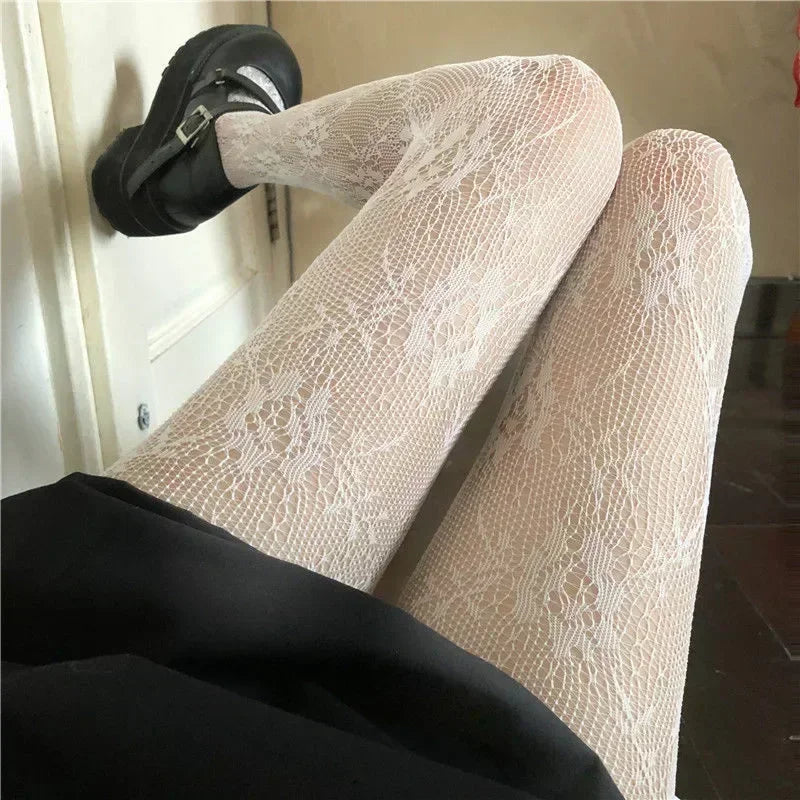Kawaii Gothic Hollow Out  Lolita Bow Knot Fishnet Stockings Women Spicy Girl Black White Thin Ins Tide Lace Tights