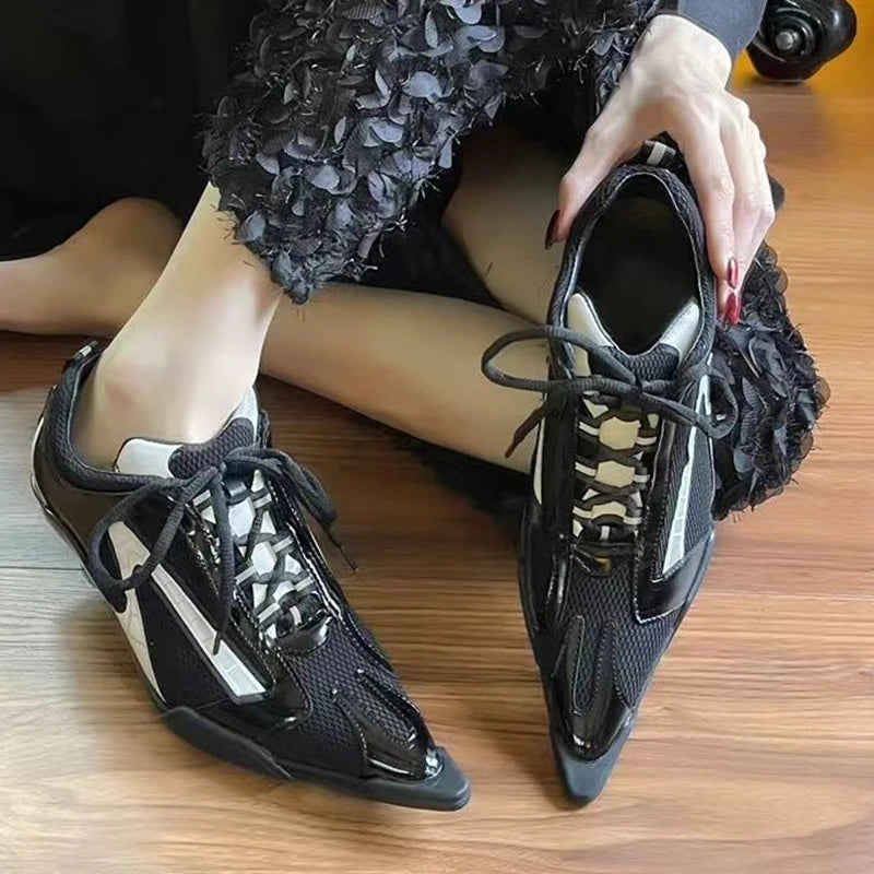Elegant heel women's shoes Big size 43 Silver sheepskin Mesh Sports dance Training mid heel Fashion Pointed Toe Lace-up Pumps