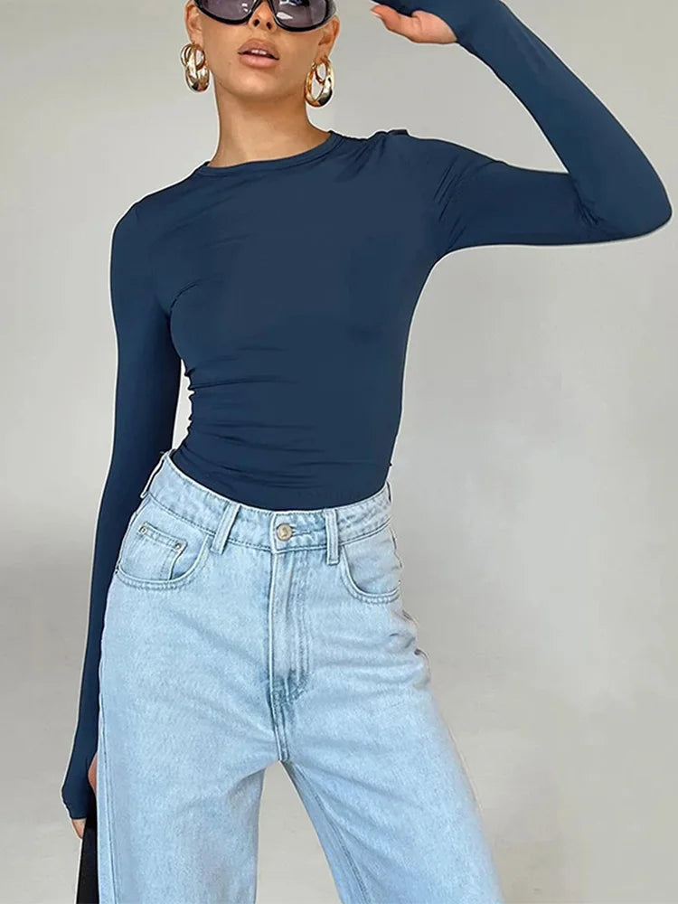 Fashion Women T-shirt Long Sleeve Crew Neck Solid Slim Fit Ladies Crop Top with Thumb Holes for Daily Streetwear Camis