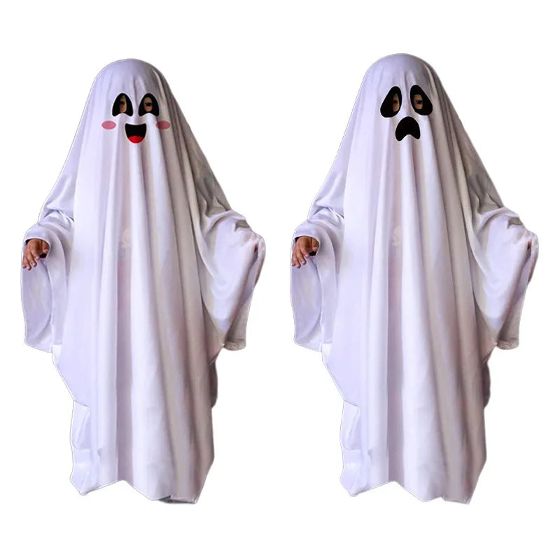 Ghost Costumes White Long Cape Horror Outfits Cloak with Ghost Face Children Adult Fancy Robe Halloween