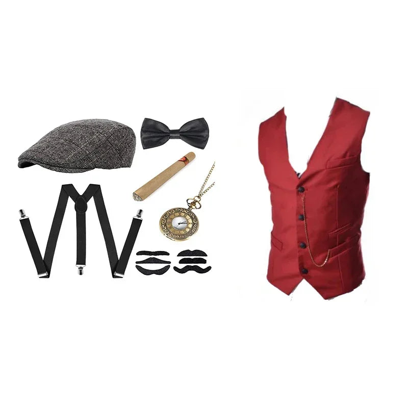 Gangster Costume And Accessories Set Steampunk WaistCoat Peaky Blinders Vest Pocket Watch 1920s Men Gatsby ☆★ww