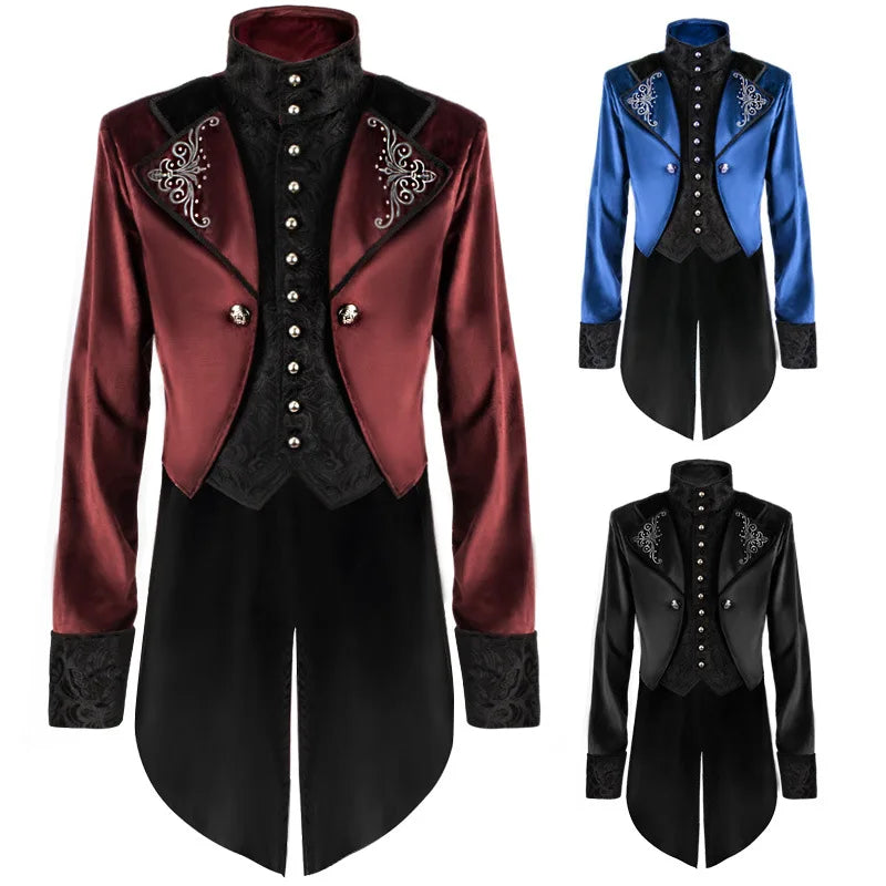 Men's Medieval Steampunk Castle Vampire Devil Red Coat Cosplay Costume Middle Ages Victorian Nobles Tuxedo Suit Trench coat