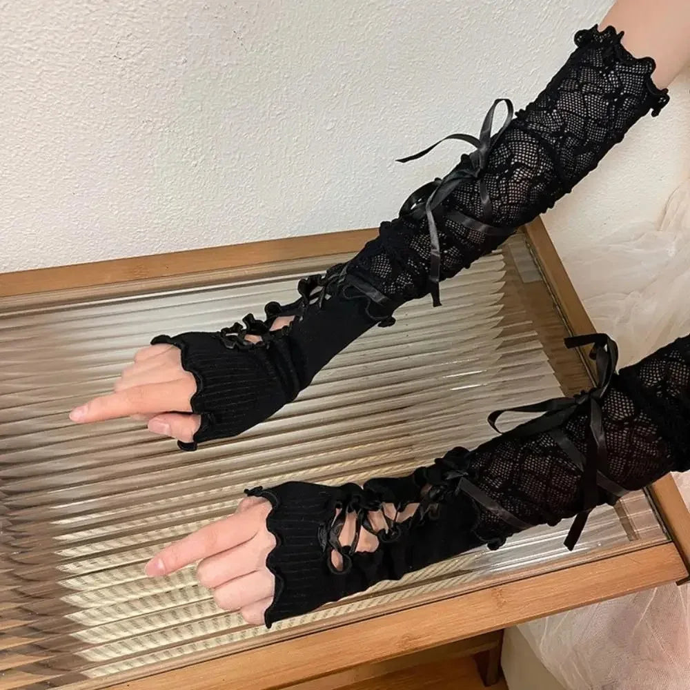 Women Lace Fingerless Gloves Black Gothic DIY Strapping Sunscreen Sleeve Clothing Accessories Elastic Mesh Punk Gloves