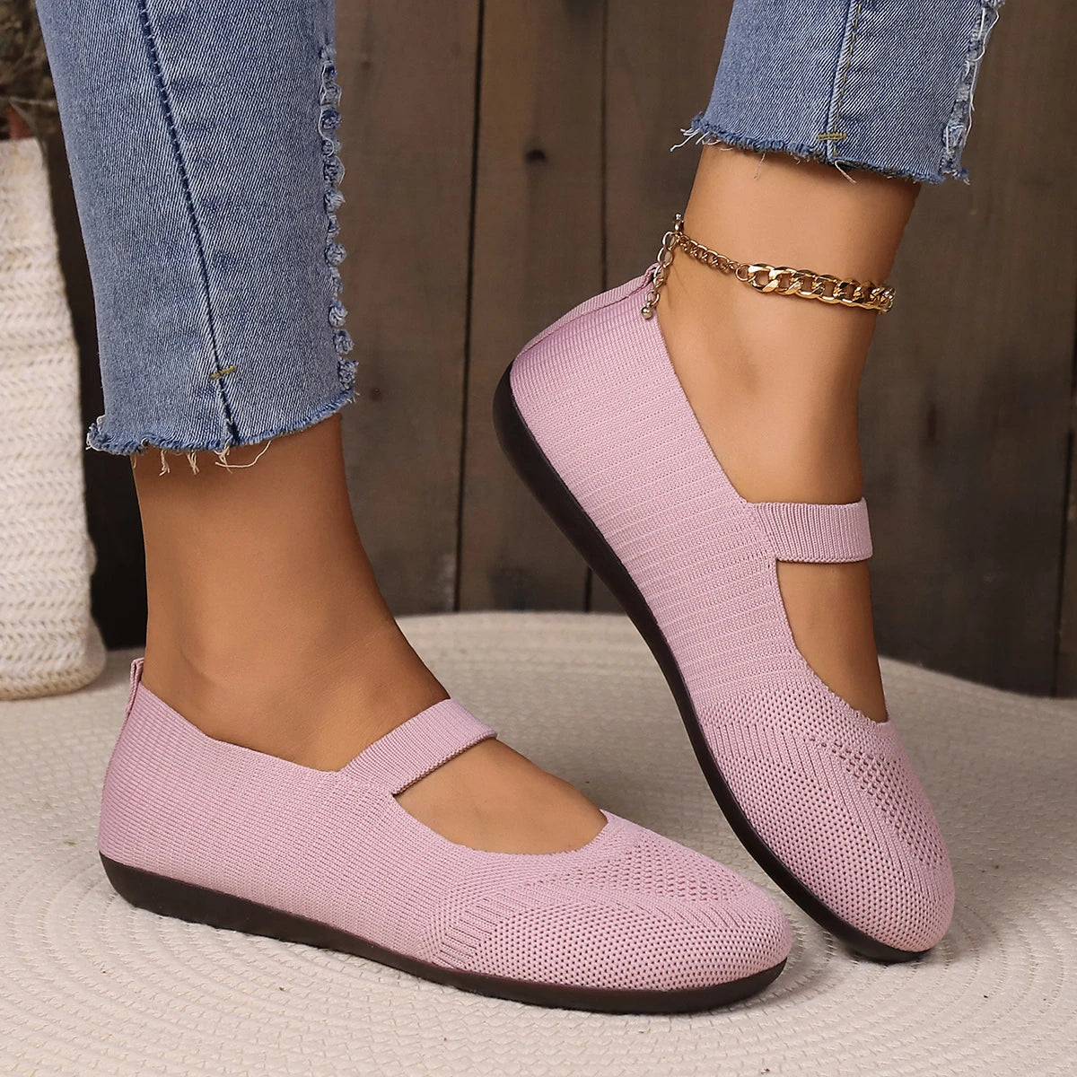 Leisure Sweet Flats for Women Summer Slip on Round Toe Classic Shoes for Women Solid Elastic Band Flock Platform Flats Plus Size