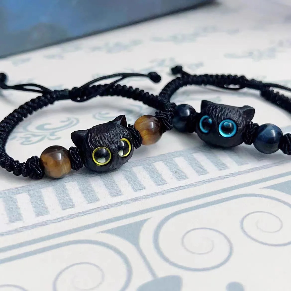 Cute Cat Couple Bracelet Imitation Wood Crystal Braided Children Bracelet Fashion Jewelry Trendy Accessories