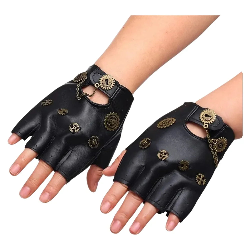 Steampunk PU Leather Fingerless Compass Gloves Men Women Fashion Gloves Half Finger Gloves