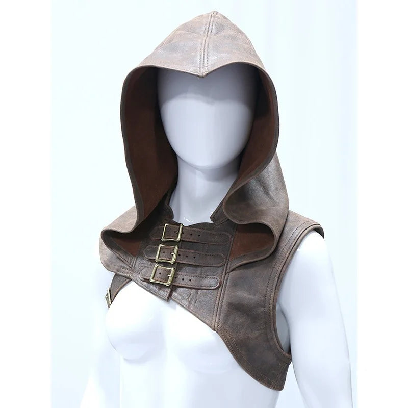 Adjustable Medieval Gothic Cowl Hat Faux Leather Steampunk Hooded Cloak Cape for Men and Women Cosplay Costume Accessory