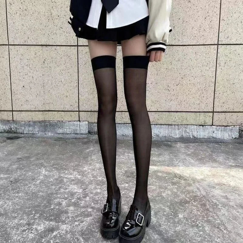 Red Edge New Over The Knee Long Socks Gothic Lace Transparent Thigh High Stockings Women Punk JK Thin Silk Solid Hosiery