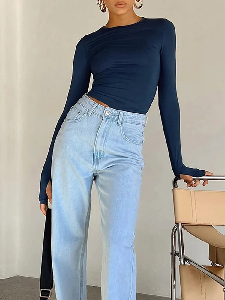 Fashion Women T-shirt Long Sleeve Crew Neck Solid Slim Fit Ladies Crop Top with Thumb Holes for Daily Streetwear Camis
