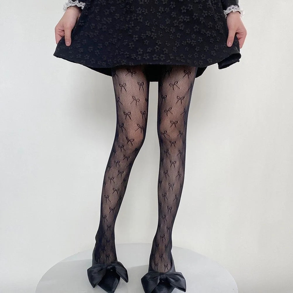 Kawaii Gothic Hollow Out  Lolita Bow Knot Fishnet Stockings Women Spicy Girl Black White Thin Ins Tide Lace Tights