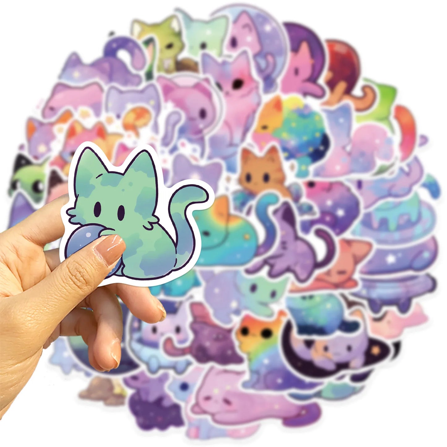 50 Pcs Cartoon Rainbow Starry Sky Cat Stickers, Cute Aesthetic Cat Waterproof Stickers for Water Bottle, Laptop, Phone,