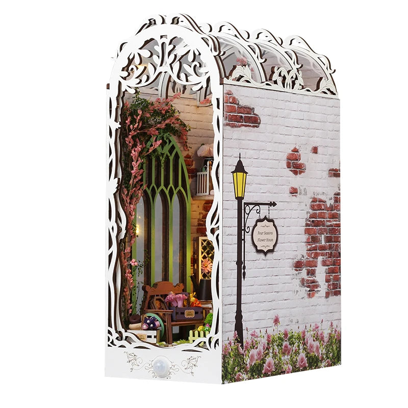 DIY Book Nook Wooden Miniature Model Kit Flower House Bookend Assembled 3D Puzzle Bookshelf Home Decor Friends Birthday Gifts